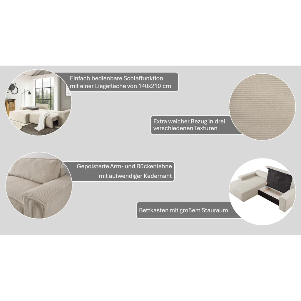 Ecksofa SHERWOOD Schlafsofa mit Bettkasten Cord-Bezug kaufen Super Rabatt