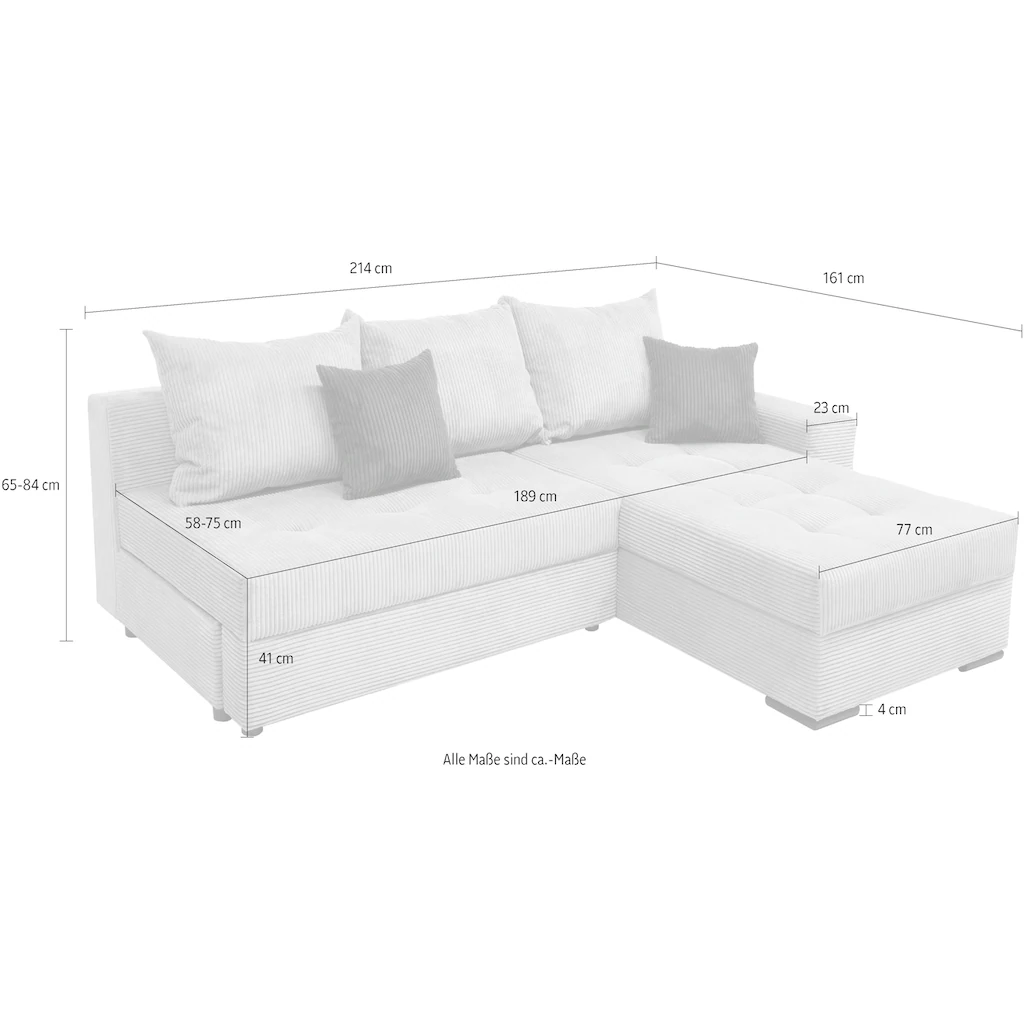 COLLECTION AB Ecksofa »Josy L-Form Breite 214 cm mit 3 großen Rückenkissen« (Cord-/Mix) mit Bettfunktion und Bettkasten Federkern kaufen Clearance-Verkauf