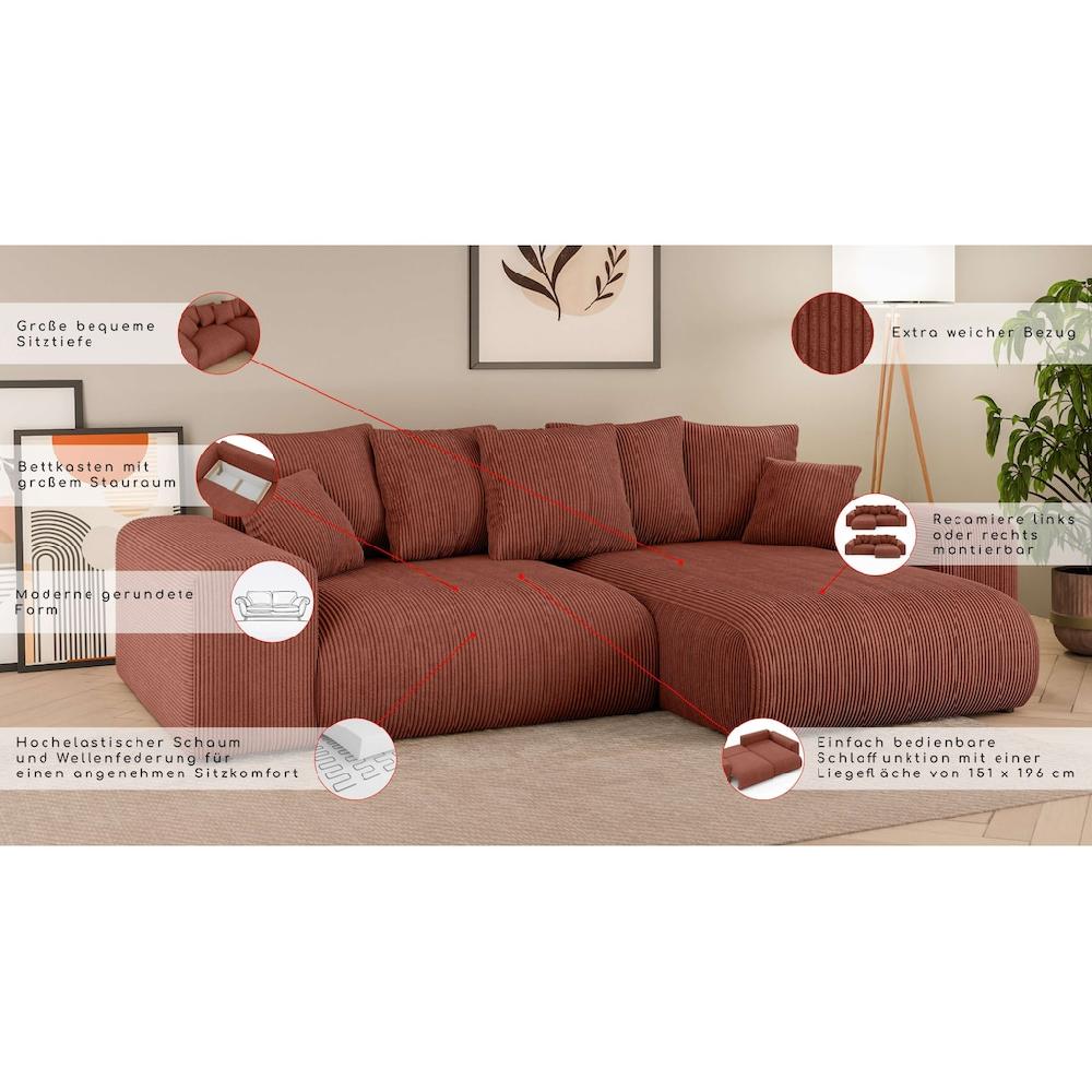 INOSIGN Ecksofa »LAKESIDE mit Bettfunktion und Bettkasten B/T/H 257/166/84 cm« L-Form Recamiere beidseitig montierbar Wellenunterfederung kaufen Hotsell
