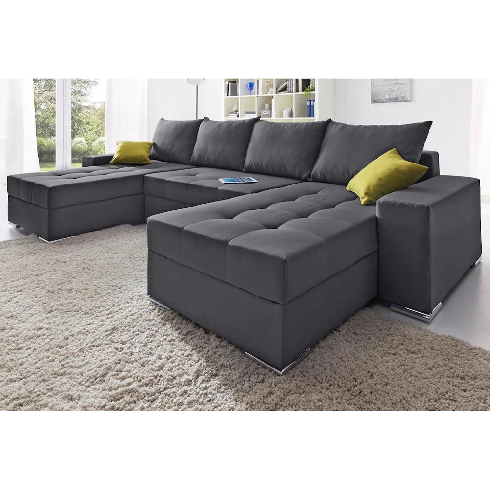 COLLECTION AB Wohnlandschaft »XL-Josy U-Form Breite 313 cm Flachgewebe Struktur Kunstleder« inkl. Bettfunktion Bettkasten mit 4 gleich großen Rückenkissen kaufen Günstiger Verkauf