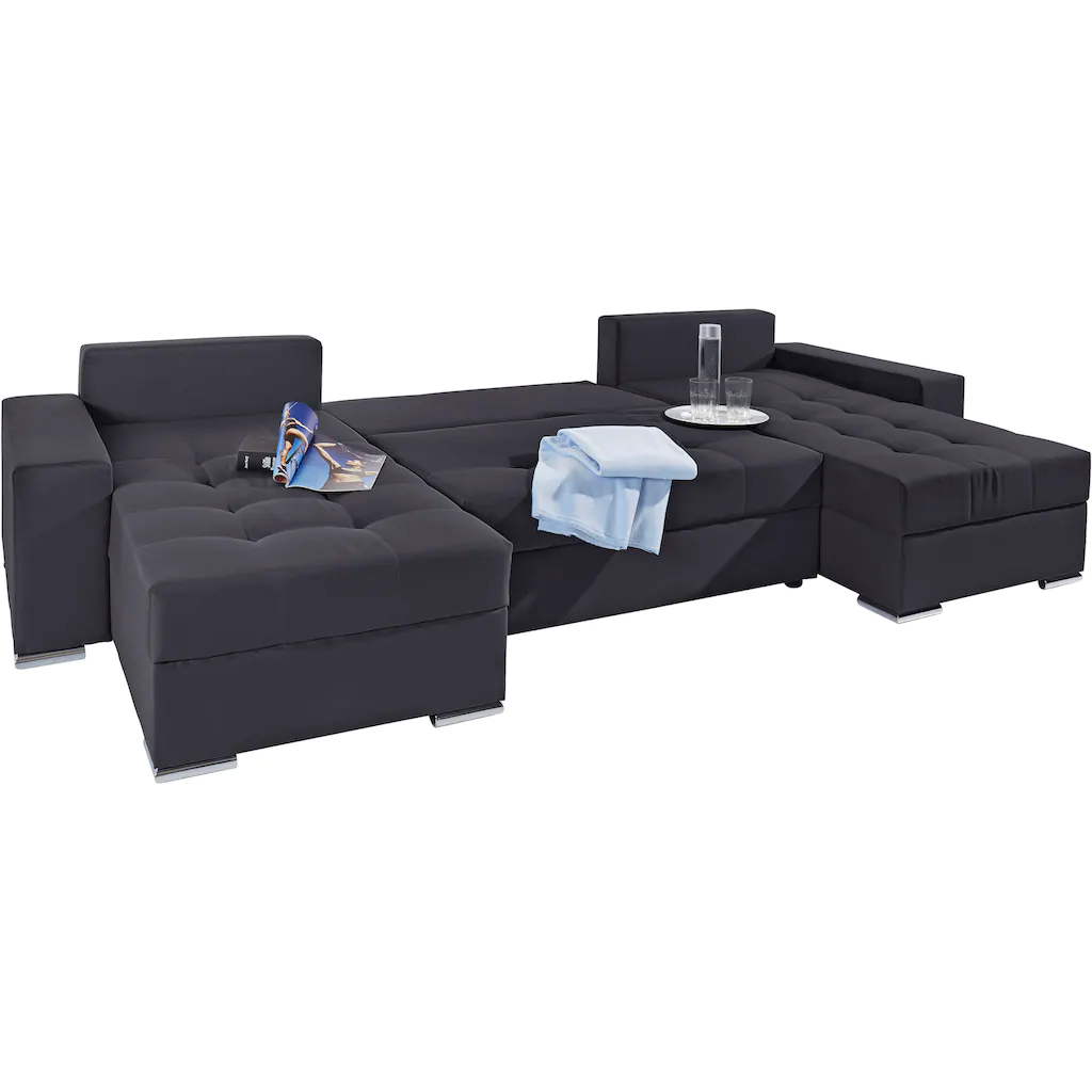 COLLECTION AB Wohnlandschaft »XL-Josy U-Form Breite 313 cm Flachgewebe Struktur Kunstleder« inkl. Bettfunktion Bettkasten mit 4 gleich großen Rückenkissen kaufen Günstiger Verkauf