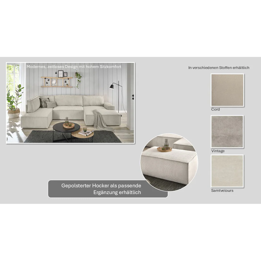 Home affaire Wohnlandschaft »SHERWOOD XXL 329 cm U-Form Schlafsofa « Schlaffunktion m. Bettkasten (194x139 cm) Cord Vintage Samtvelours kaufen Sonderangebot