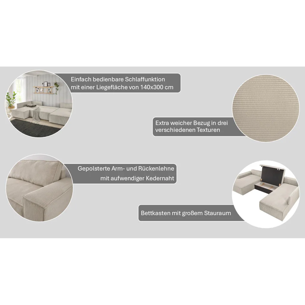 Home affaire Wohnlandschaft »SHERWOOD XXL 329 cm U-Form Schlafsofa « Schlaffunktion m. Bettkasten (194x139 cm) Cord Vintage Samtvelours kaufen Sonderangebot