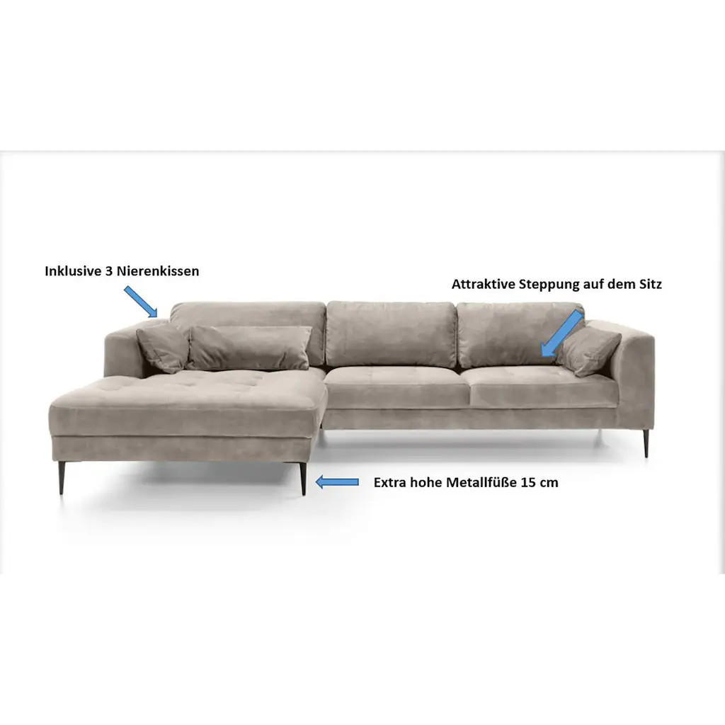 TRENDMANUFAKTUR Ecksofa »Luzi wahlweise mit Schlaffunktion und Bettkasten bestellbar L-Form« Designsofa mit tollem Sitzkomfort Metallfüße schwarz Breite 280 cm kaufen Großer Ausverkauf