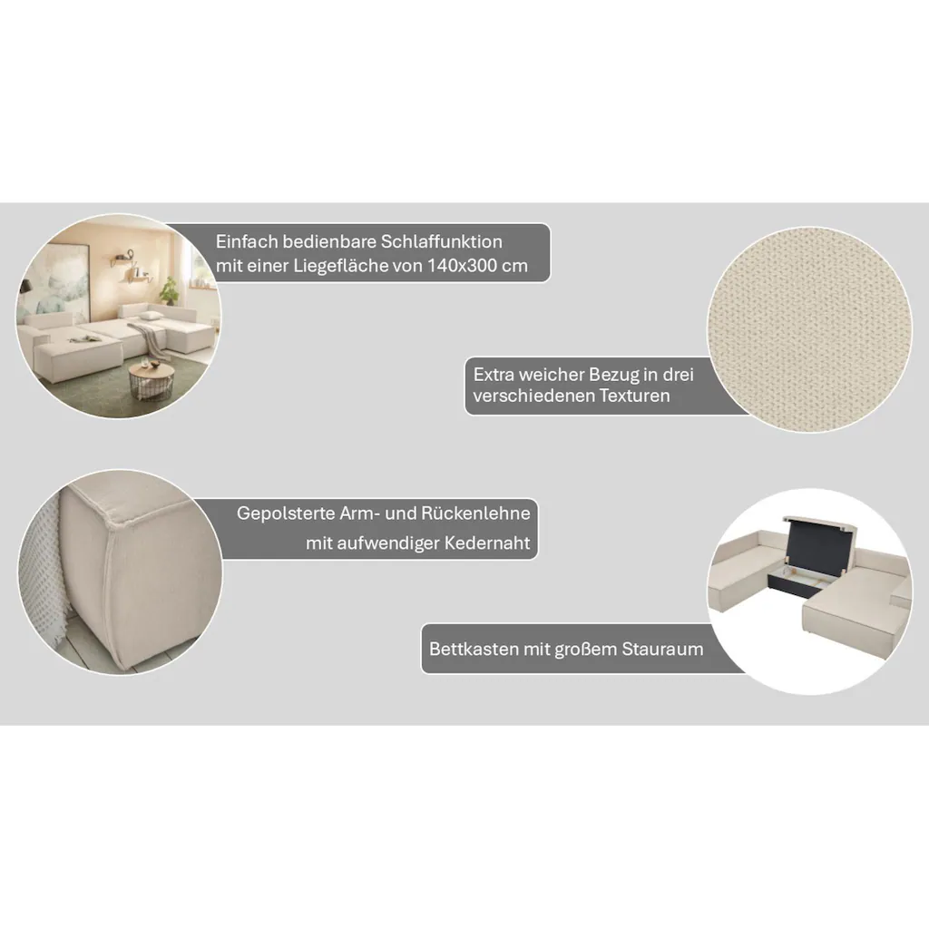 andas Wohnlandschaft »FINNLEY U-Form XXL 329 cm Schlafsofa Schlaffunktion m. Bettkasten« (194/139 cm) Bouclé Struktur und Cord kaufen Letzte 3 Tage