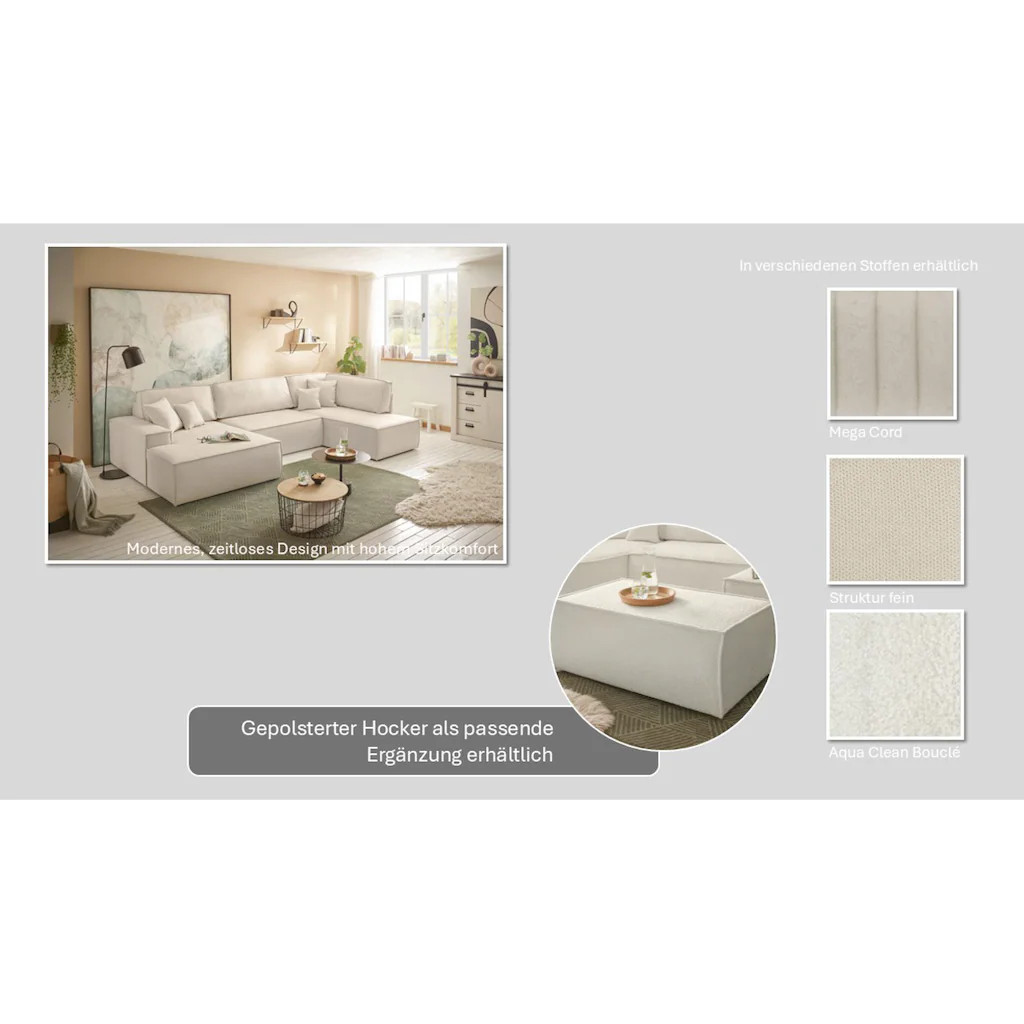 andas Wohnlandschaft »FINNLEY U-Form XXL 329 cm Schlafsofa Schlaffunktion m. Bettkasten« (194/139 cm) Bouclé Struktur und Cord kaufen Letzte 3 Tage