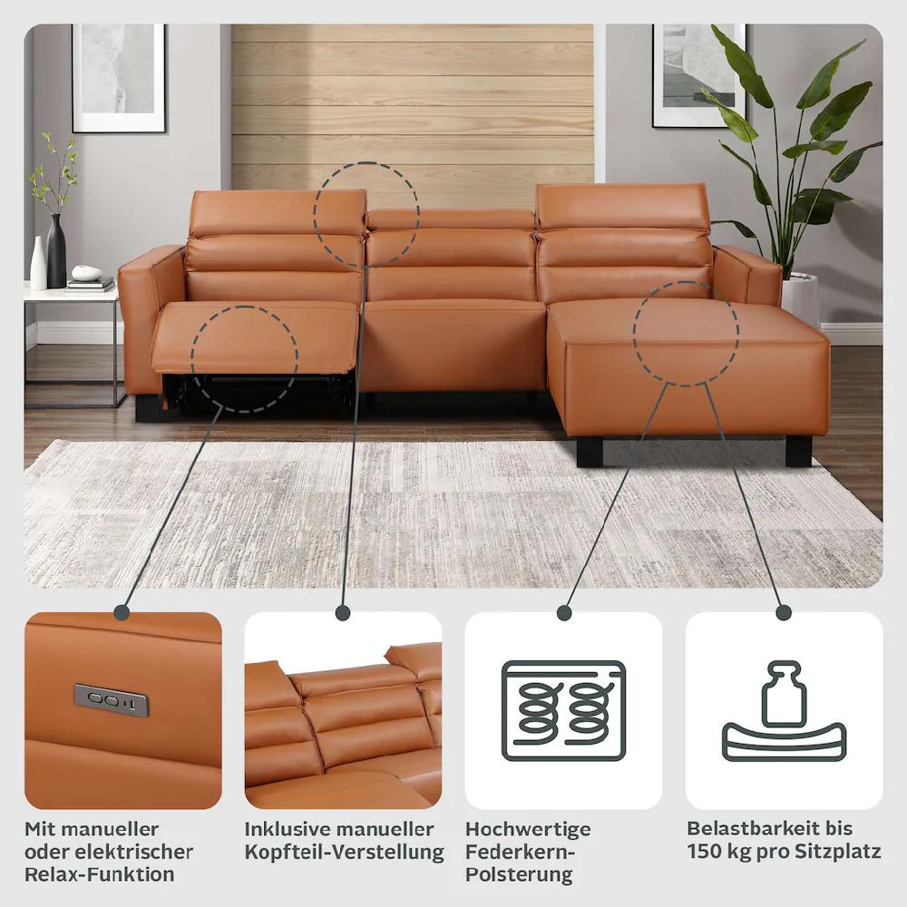 Places of Style Ecksofa »Carpari L-Form 263 cm mit manueller o. elektrischer Relaxfunktion« und USB/ Kopfteilverstellg kaufen Riesige Rabatte