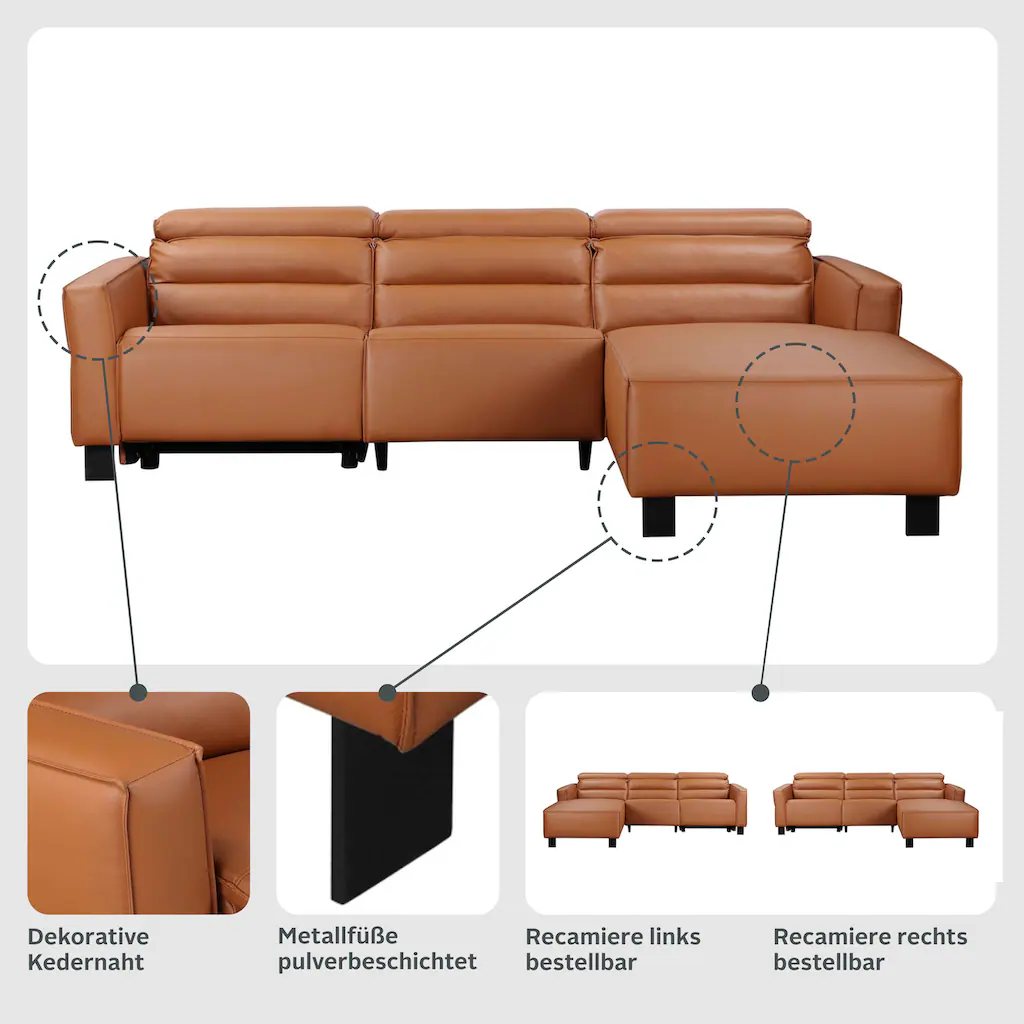 Places of Style Ecksofa »Carpari L-Form 263 cm mit manueller o. elektrischer Relaxfunktion« und USB/ Kopfteilverstellg kaufen Riesige Rabatte