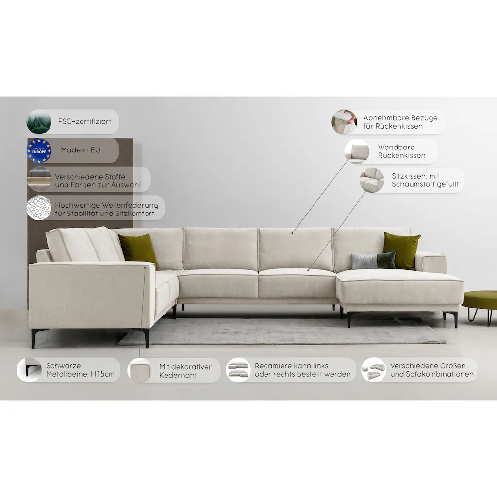 Places of Style Wohnlandschaft »Oland« U-Form im zeitlosem Design und hochwertiger Verabeitung kaufen Clearance-Verkauf