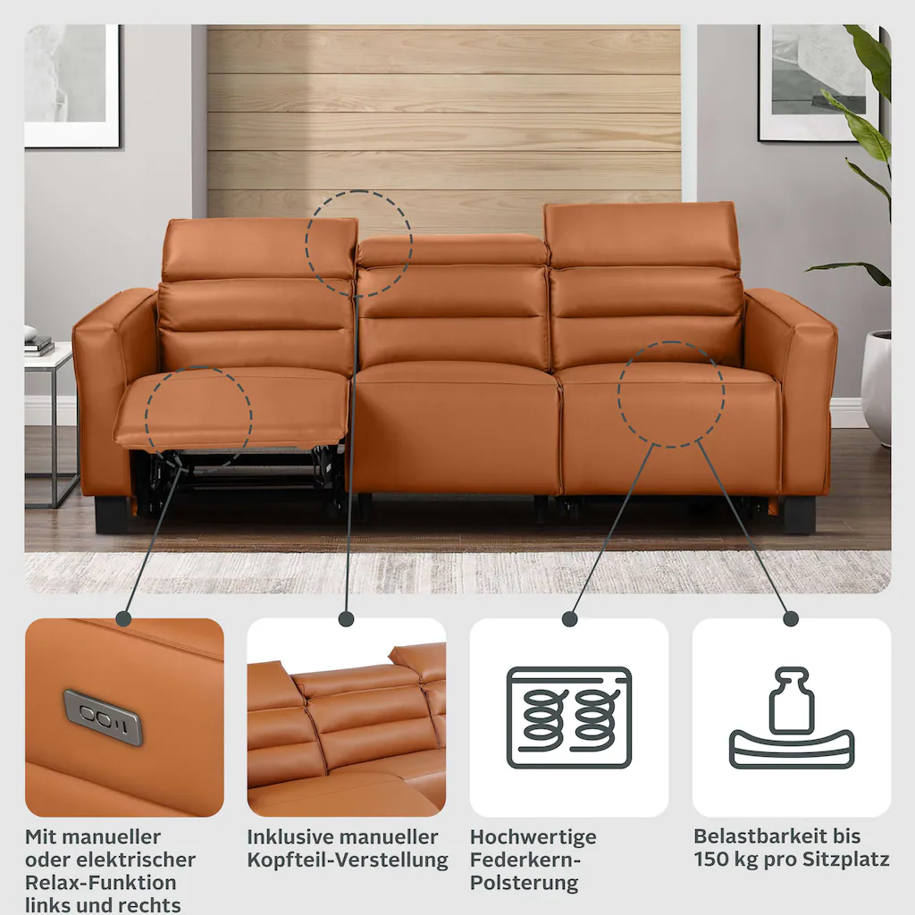 Places of Style 3-Sitzer »Carpari 224cm manuelle od. elektrische Relaxfunktion in 2 Sitzen« mit USB Kopfteilverstellung Echtleder Kunstleder Webstoff kaufen Fabrikladen