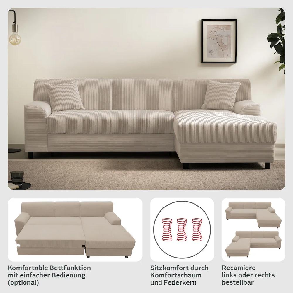 INOSIGN Ecksofa »Turah 2 L-Form auch in Cord Federkern B/T/H: 241/146/79 cm« incl. Zierkissen wahlweise mit Bettfunktion kaufen Hotsell