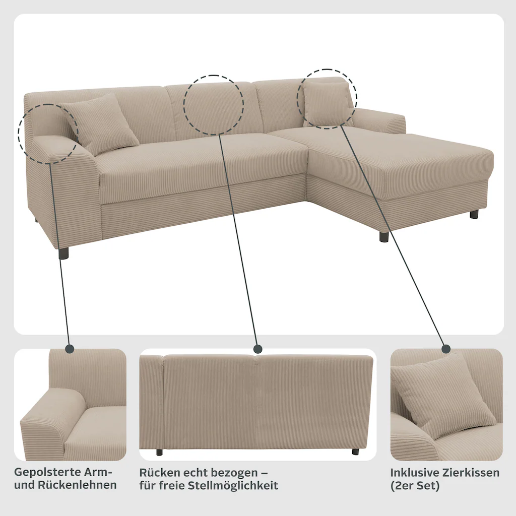 INOSIGN Ecksofa »Turah 2 L-Form auch in Cord Federkern B/T/H: 241/146/79 cm« incl. Zierkissen wahlweise mit Bettfunktion kaufen Hotsell