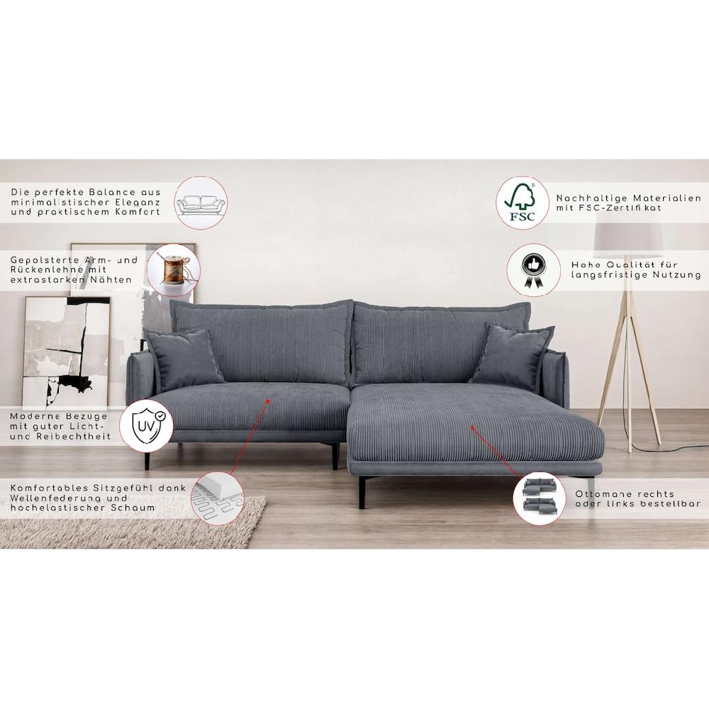 INOSIGN Ecksofa »ALEXANDRIA mit Recamiere rechts oder links bestellbar moderne Bezüge« L-Form mit Wellenunterfederung Maße: B/H/T 246/86/190 cm Meist gekauft