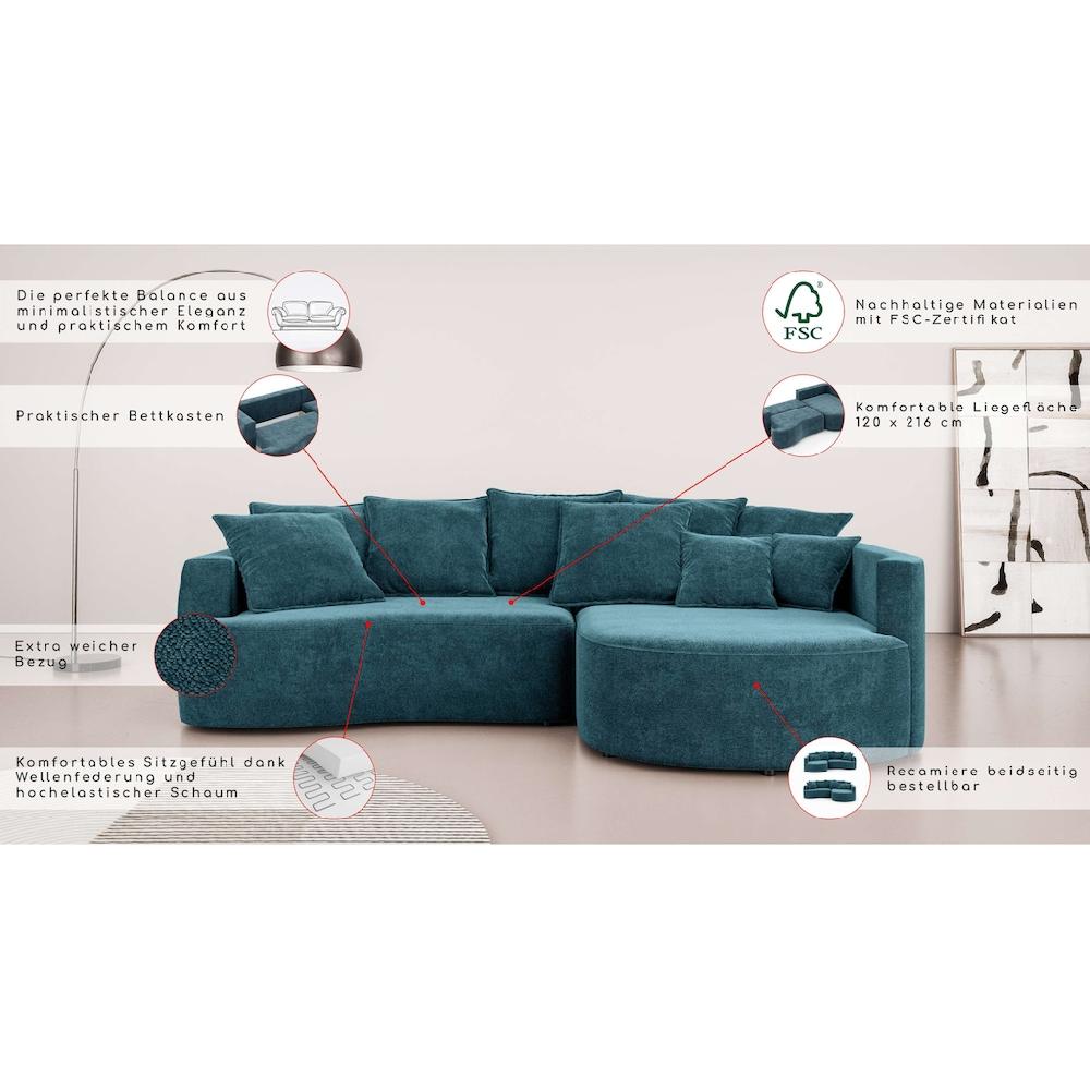 INOSIGN Ecksofa »Kahekili Schlafsofa mit Bettkasten Maße B/T/H: 255/181/90/ cm« L-Form mit Wellenunterfederung 7 Rückenkissen und 2 Zierkissen Nur noch ein Tag übrig