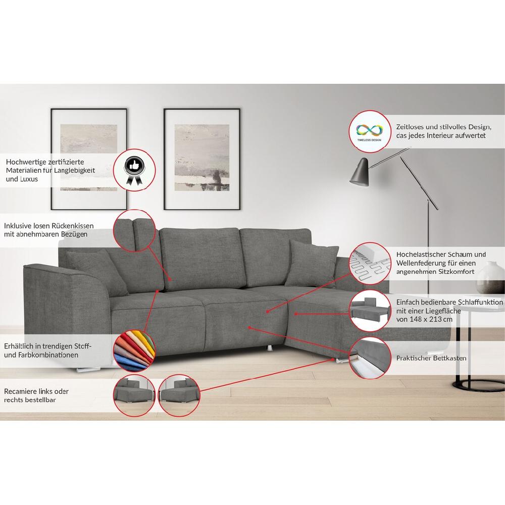 INOSIGN Ecksofa »BEATRICE optionale Schlafsofa mit Bettkasten B/T/H: 265/170/86 cm« L-Form wahlweise auch mit Bettfunktion und Bettkasten Limitierter Zeitrabatt
