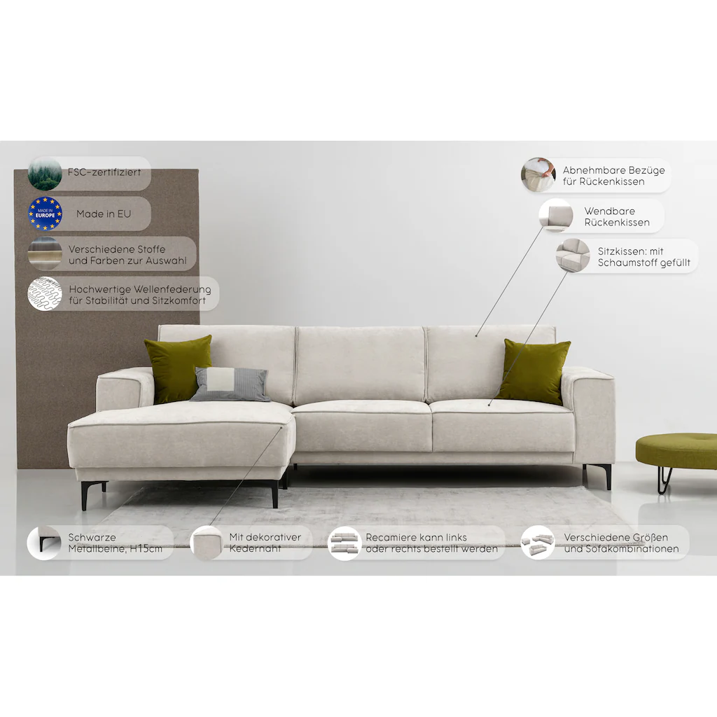 Places of Style Ecksofa »Oland« 280 cm im zeitlosem Design und hochwertiger Verabeitung kaufen im Angebot