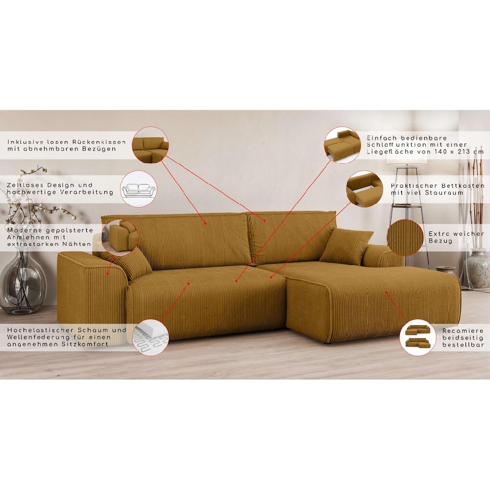 Home affaire Ecksofa »Santenay mit Bettfunktion und Bettkasten Maße: B/T/H 266/164/90 cm« L-Form mit Wellenfederung Schlaffläche: 140x213 cm auch in Cord kaufen Kostenloser Versand