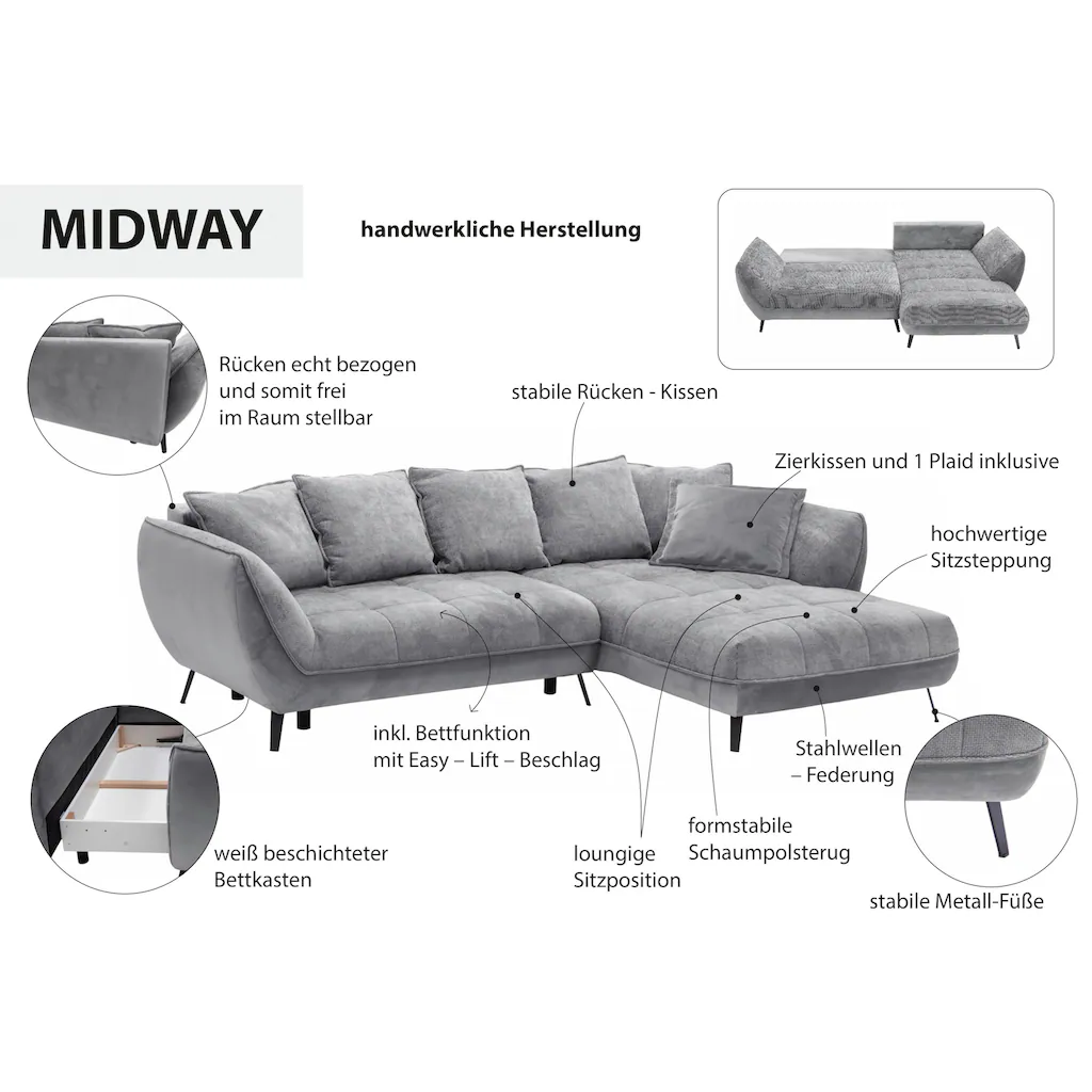 exxpo - sofa fashion Ecksofa »Midway mit einfacher Easy-Lift-Bettfunktion bequem und modern« inkl. Bettfunktion und praktischem Bettkasten L-Form kaufen Online Shopping