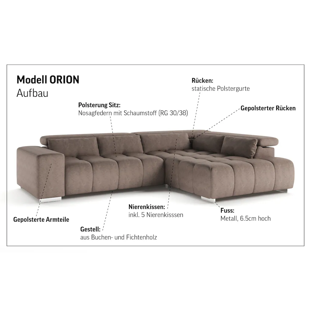 COTTA Ecksofa »Orion L-Form« mit Ottomane inklusive verstellbarer Kopfstützen und 5 Nierenkissen kaufen Meist gekauft