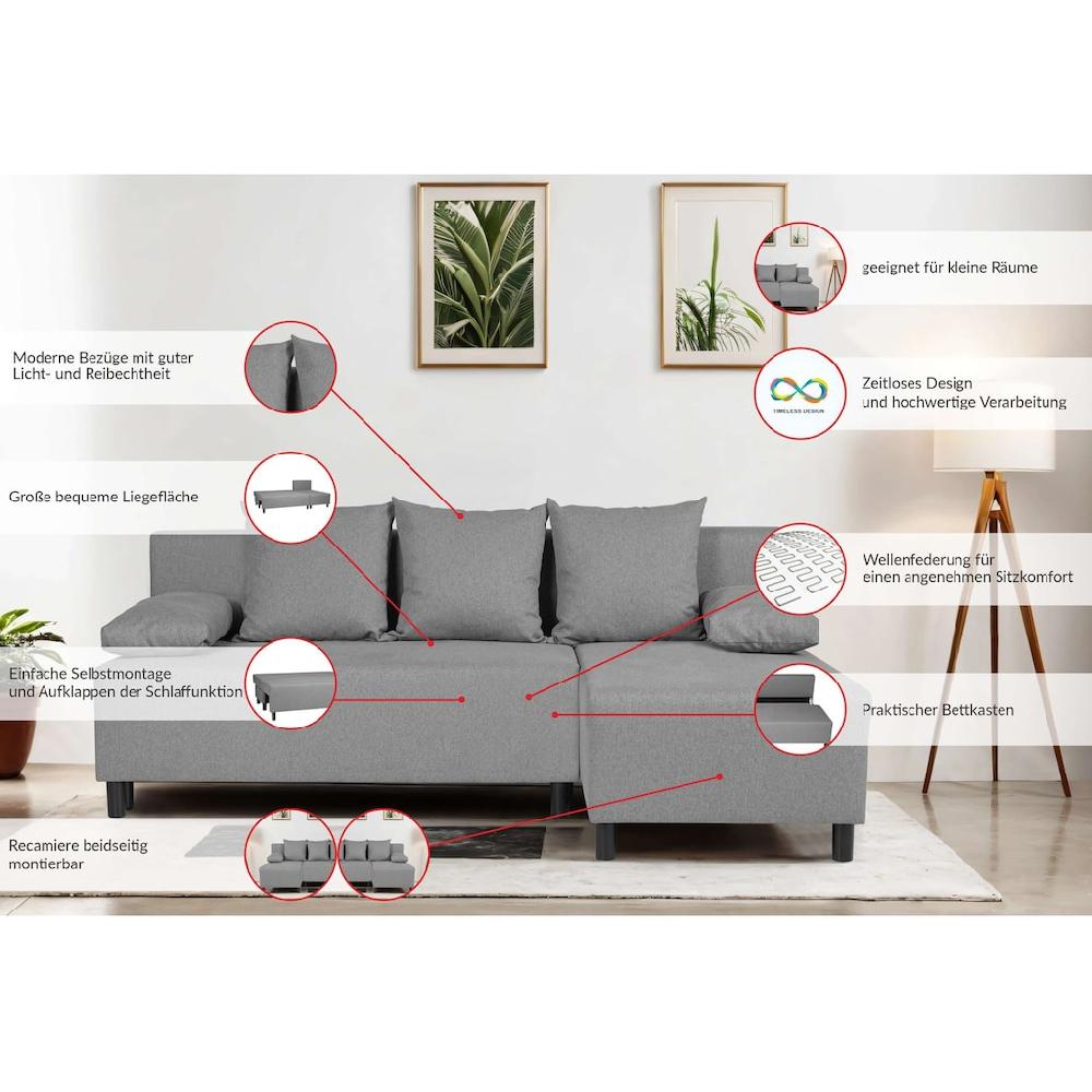 INOSIGN Ecksofa »IWALANI Schlafsofa mit Bettkasten Recamiere beidseitig montierbar« L-Form B/T/H 199/135/83 cm Struktur weich & Velvet Nur noch ein Tag übrig