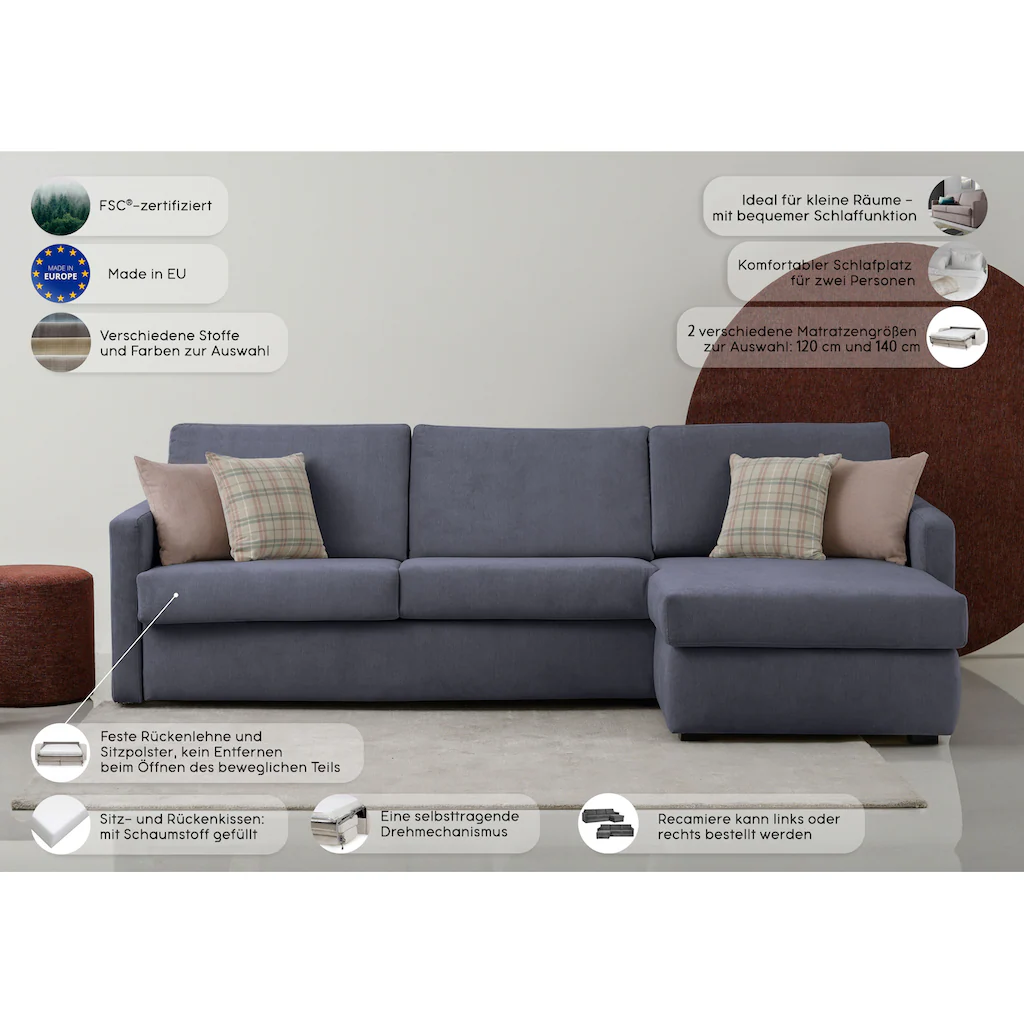 Places of Style Schlafsofa »GOLDPOINT Ecksofa 264 cm Liegefläche (140/200cm) L-Form « Bettfunktion Bonell-Federkernmatratze und Dauerschläfer-Funktion kaufen Große Rabatte