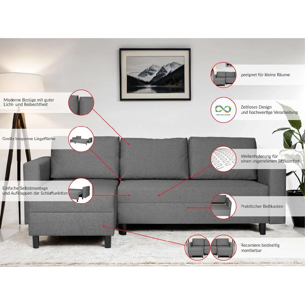 INOSIGN Ecksofa »GLENOE Schlafsofa mit Bettkasten Recamiere beidseitig montierbar« L-Form Maße B/T/H: 230/135/84 5 cm Velvet & Struktur weich Letzter Tag