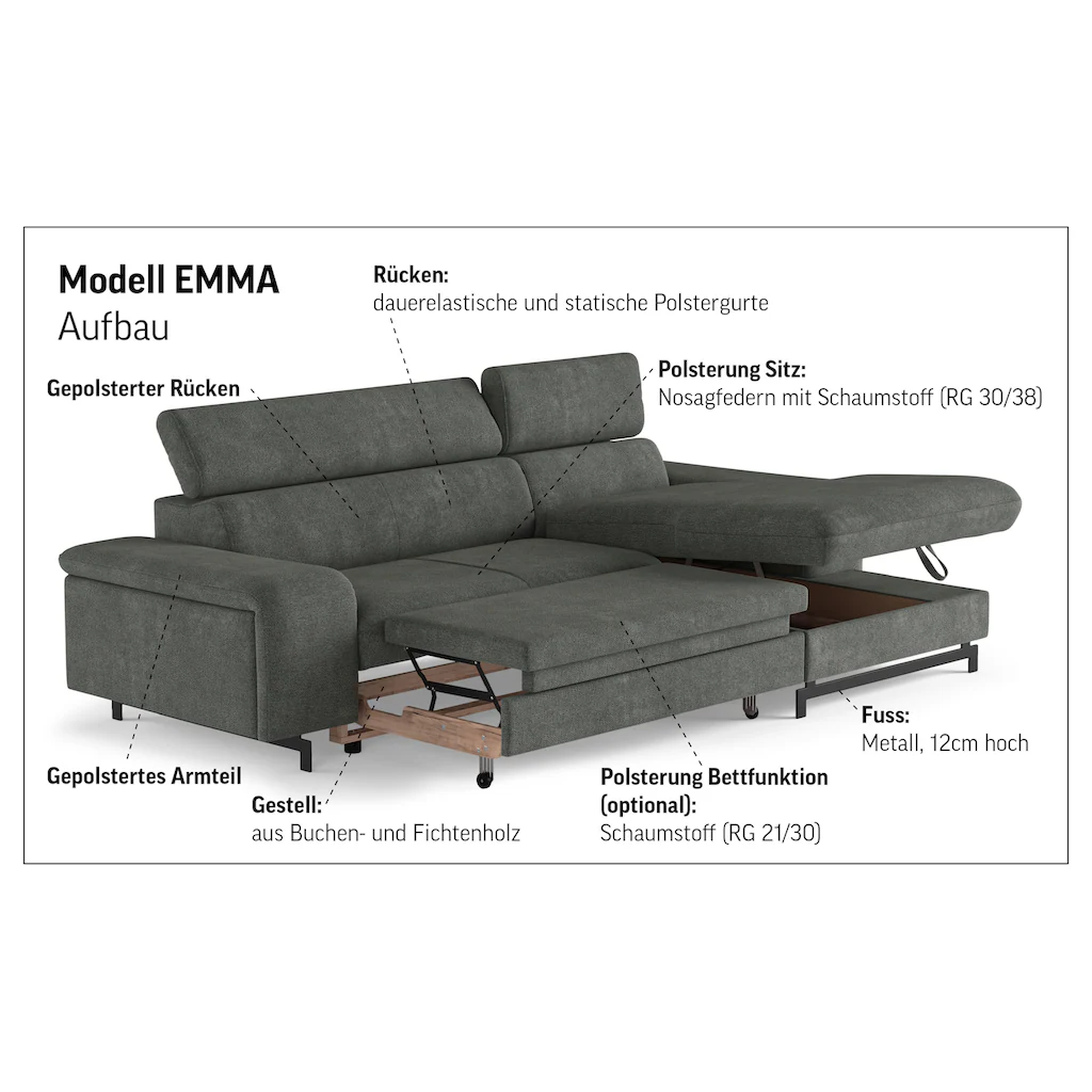 COTTA Ecksofa »Emma L-Form« Verstellbare Kopfstützen optional mit Schlaffunktion und Bettkasten Sonderangebot der Fabrik
